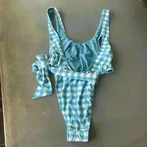 Windsor Blue White Gingham Tie Waist Open Back Pull On One Piece Swimsuit Size S - Picture 5 of 9